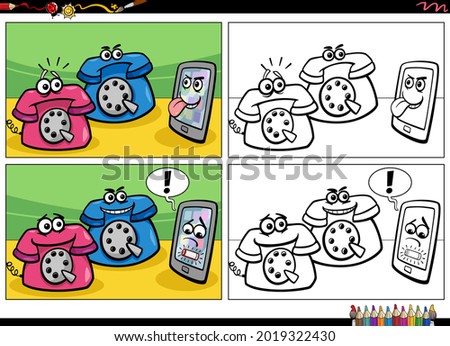 Cartoon illustration of comic story with obsolete classic phones and smart phone coloring book page