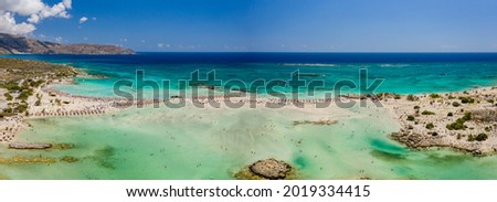 Panoramic aerial view of the sandy beach and shallow lagoons at Elafonissi, Crete (Greece)