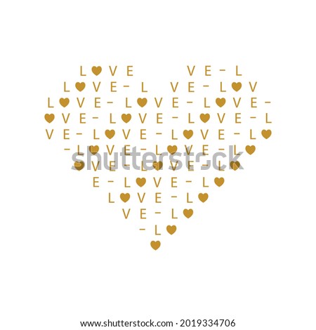 Heart shape with words love. Gold letters, hearts on white background. Vector illustration.