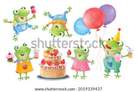 Small set of cute frogs having a party. Character design. Coloring page. Illustration for children. Cute and funny cartoon characters isolated on white background