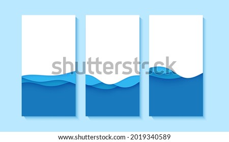 Set of flyers with blue waves in paper cut style. Collection of three papercut art empty banners for environment or World Water day. Vector advertising poster template for Save the Oceans day 8 june