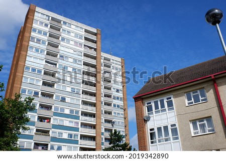 Local authority tower block and apartment building on English council housing estate Royalty-Free Stock Photo #2019342890