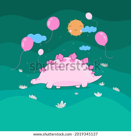 pink dino illustration walking in the grass field late at night Simple and cute with blue clouds and pink balloons - the moon is high. Nursery Art Print Children's Book Simple Style Isolated On Green 