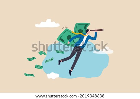 Financial success, make profit from investment opportunity, money management and wealth preservation concept, rich businessman flying with money banknote wings using telescope to see future vision. Royalty-Free Stock Photo #2019348638