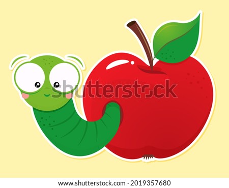 Cute green worm in red apple. Back to school character smart catterpillar animal illustration. Good for clothes, gift sets, photos or motivation posters. Preschool education T shirt typography design.