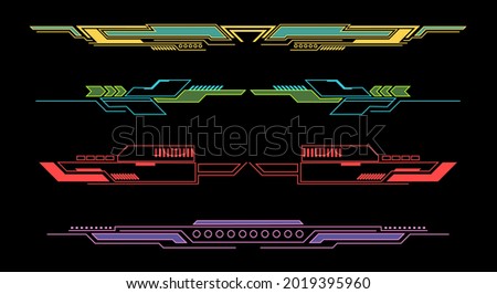 Elements futuristic HUD. Callout bar. Modern digital info boxes. Geometric graphic dividers. Game interface frame with contour arrows and lines. User menu panel. Vector borders set