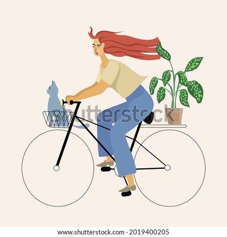 Girl rides a bike with a cat and a plant. Stylized vector illustration.