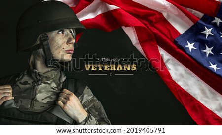 Courage. Design for greeting card, poster for Veterans day. Close-up American female soldier next to USA flag isolated over grey background. Public national holidays, gender equality concept
