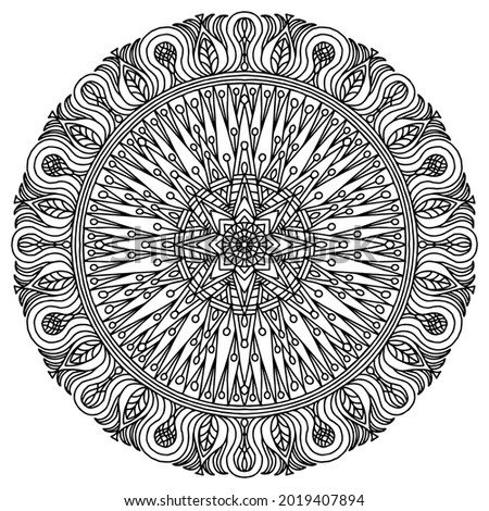 abstract mandala with flowers and ornaments in folk style drawn for coloring on a white background, vector