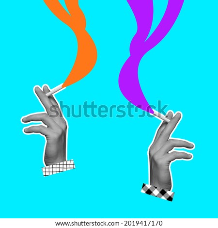 Human hands smoking. Contemporary art collage and modern design. Idea, inspiration, creativity. Party time fun mood. Surrealism and minimalism. Copy space for ad