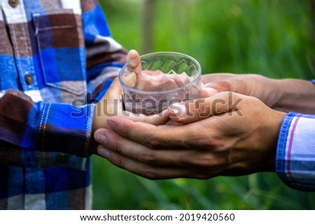 water in a glass in the hands of a child and father. Nature. Selective focus