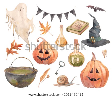 Watercolor Halloween set. Ghost, witch items, pumpkins, leaves, dark party garland. Holiday objects isolated on white background