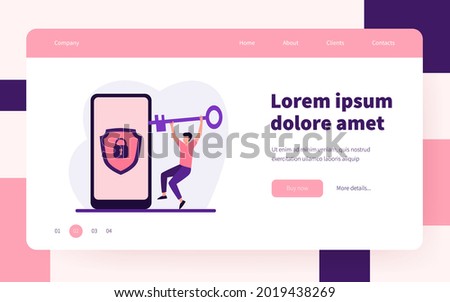 Tiny man unlocking mobile phone with golden key. Padlock, smartphone, lock flat vector illustration. Security and protection concept for banner, website design or landing web page