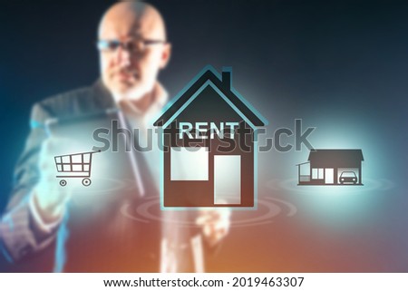 Real estate rental business. House with an inscription for rent. Real estate business. Blurred realtor behind a virtual screen. He leases house. Concept - services of a real estate company.