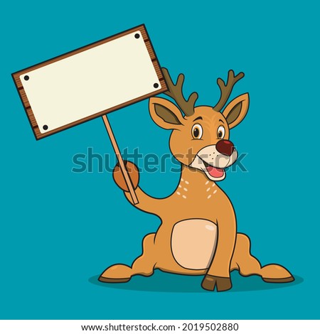 Deer Icon With Blank Wood For Mock up, Blue Colors Background, Mascot, Icon, Character or Logo, Vector and Illustration.