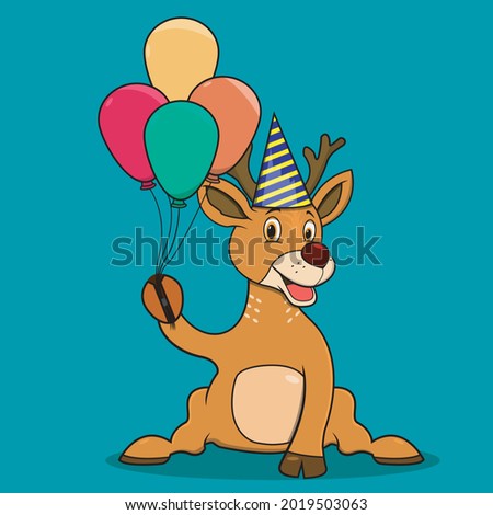Deer Icon Bring Balloons For Party, Blue Colors Background, Mascot, Icon, Character or Logo, Vector and Illustration.
