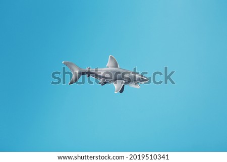 Toothy shark toy on a blue background with free space.