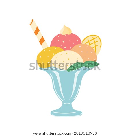 bright balls of yoghurt ice cream in a bowl. ice cream parlor. wafer rolls and waffle. frozen balls. stock vector cartoon illustration isolated on white background.
