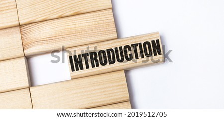 On a light background, wooden blocks with the text INTRODUCTION. Close-up top view.
