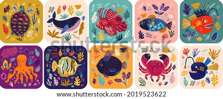Big colourful collection wit cute funny cards on marine life theme. Underwater world cards for kids design. Vector illustrations with sea turtle, whale, fishes, seaweed