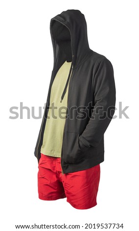 black sweatshirt with iron zipper hoodie,olive t-shirt and red sports shorts isolated on white background. casual sportswear