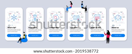 Business icons set. UI phone app screens with teamwork. Included icon as Medical calendar, Snowflake, Calendar signs. Search, Support consultant, Timer line icons. Vector
