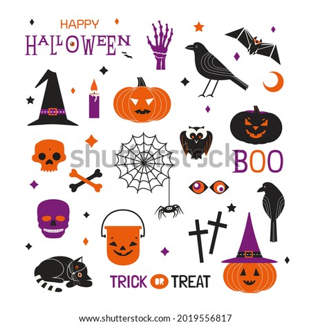 Halloween holiday cute minimalist vector icons set. Spooky characters flat design element. Scary pumpkin, witch hat, skull, balck cat, crow cartoon illustration. Happy Halloween fun event decoration
