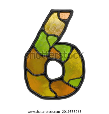 3d render. Mosaic stained glass number 6 isolated on white background.