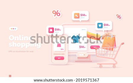 Online shopping on the website and mobile app. Conceptual illustration with online store interface, bank card, shopping bag, basket and actions with them. Web banner 3d style. Royalty-Free Stock Photo #2019571367
