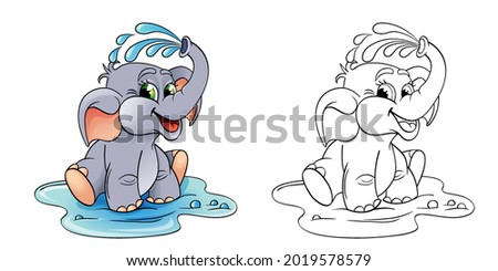 Cartoon elephant which pours himself with water. Color and black white vector illustration for coloring book