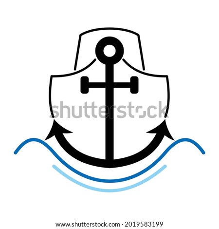 Black anchor on top of the front of a ship with a black outline sailing above the ocean represented as blue and light blue waves. White background.
