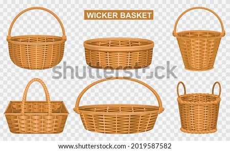 Wisker basket transparent set composition with baskets of different shape and color on transparent background with vector illustration Royalty-Free Stock Photo #2019587582