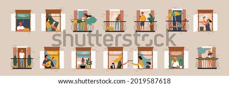 Flat set with neighbours in their windows and on balconies doing various daily activities isolated vector illustration Royalty-Free Stock Photo #2019587618