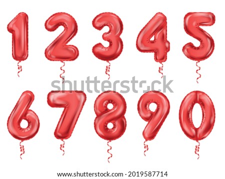 Balloon numbers red realistic icon set glittery red numbers with ribbons for party vector illustration