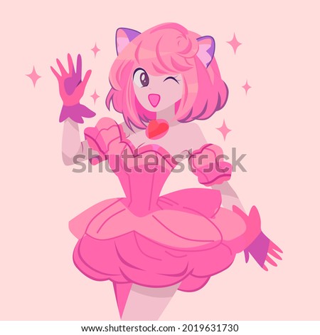 Pretty cartoon anime princess saying hello. Pink hair wearing pink royal dress and cat headband. Hand drawn vector illustration. Can be used for t-shirt template, children mobile games, books, cards.