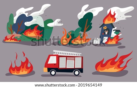 A burning forest, a man trapped in a burning house, and a fire engine. flat design style minimal vector illustration.