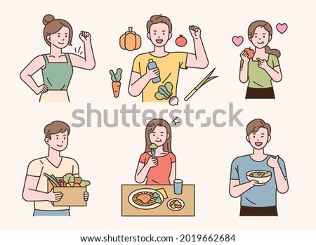 Vegetarian people with healthy vegetables fruits. flat design style minimal vector illustration.