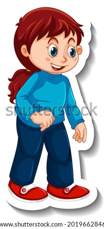 Sticker template with a girl in standing posing cartoon character isolated illustration