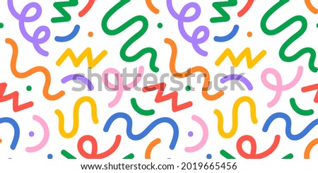 Fun colorful line doodle seamless pattern. Creative minimalist style art background for children or trendy design with basic shapes. Simple childish scribble backdrop. Royalty-Free Stock Photo #2019665456