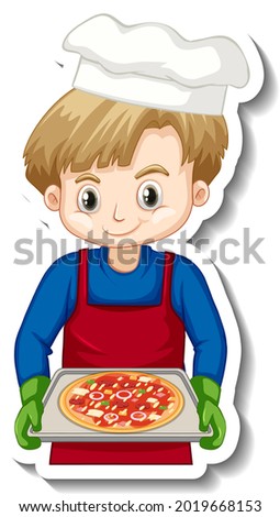 Sticker design with chef boy holding pizza tray illustration