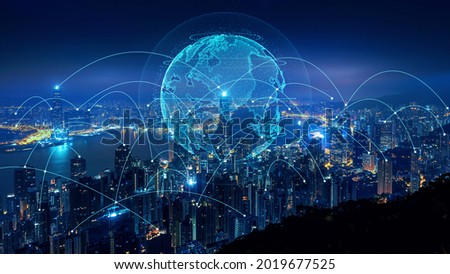 Smart connection network system, smart city network concept, 5G wireless connection. Royalty-Free Stock Photo #2019677525
