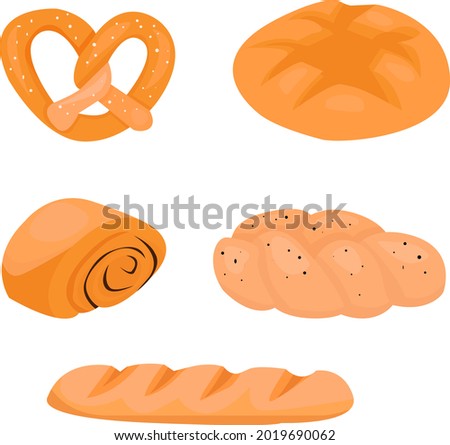 Bread flat icon set. Simple whole grain and wheat loaf bread, pretzel, croissant, french baguette. Organic baked goods, shop food, design menu bakery pastry. Vintage vector illustration