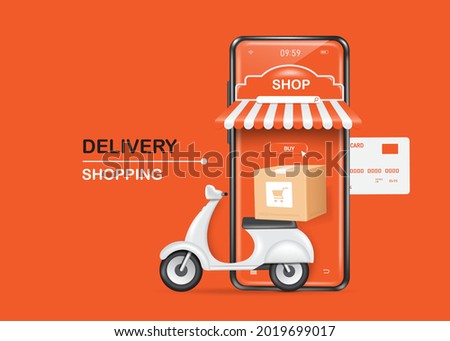Scooters or motorcycles for parcel delivery Park in front of the smartphone shop and a parcel box was placed on it,vector 3d isolated on orange background for delivery and shopping online concept
