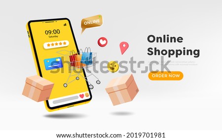 Online shopping store on website and mobile phone design. Smart business marketing concept. Horizontal view. Vector Illustration Royalty-Free Stock Photo #2019701981