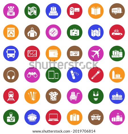 Travel Tools Icons. White Flat Collection In Circle. Vector Illustration.