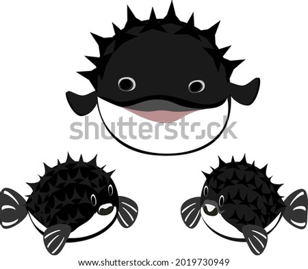 Black and white puffer fish, cartoon sea vector, straight face and left, right.