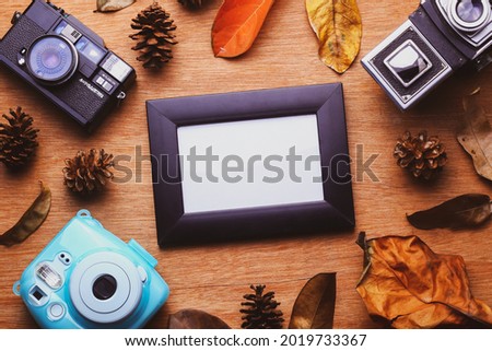 Various cameras and dried leaves form a circle, with a single photo frame in the center isolated on a wooden table with space for text. Top view.