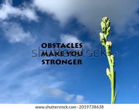 Inspirational motivational quote - Obstacles make you stronger. On bright blue sky and clouds background with single tuberose flower growing on a sunny day.