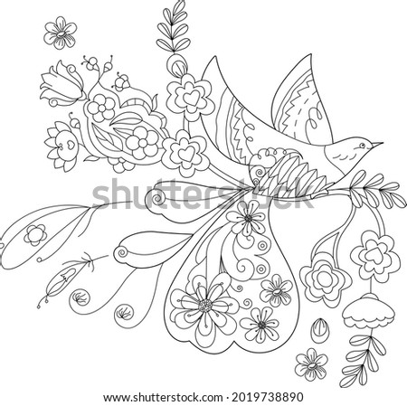 Tropical fancy bird. Black and white picture. Contour linear illustration for coloring book with paradise birds. Line art design for adult or kids  in zentangle style and coloring page.