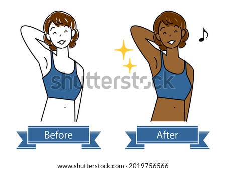 Before and after body makeover for wheat-colored skin at a tanning salon. Clip art of pretty woman. Simple illustration.